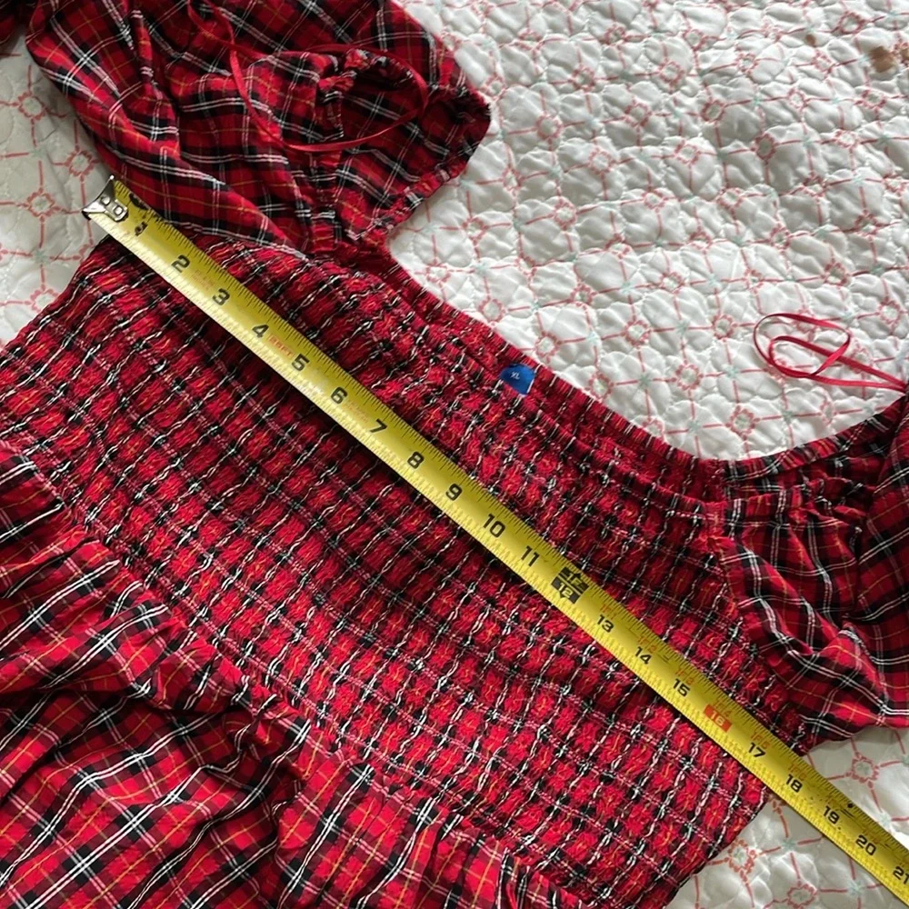 off the shoulder plaid puff sleeve dress with smocked bodice - Picture 5 of 6